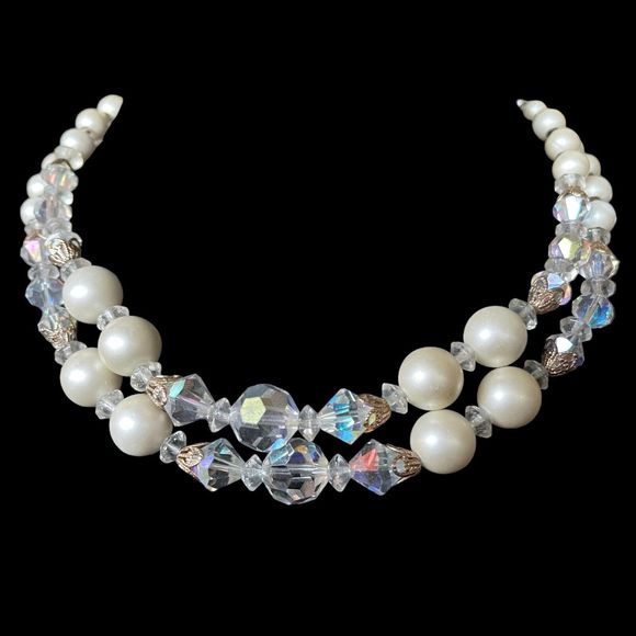 Vintage Double 2 Strand AB Bead & Faux Pearl Choker Necklace Rhinestone Accent - Picture 3 of 5
